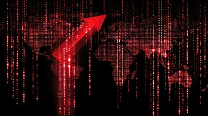 Poster - Sharp red downward arrow cutting across a digital world map, representing global economic crisis, recession, and deglobalization trends