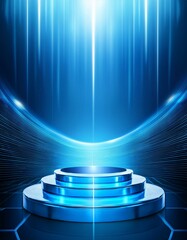 Poster - Futuristic blue podium with light and reflection background. Generated image