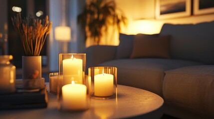 Poster - A cozy living room with glowing candles set on a table, creating a serene and tranquil ambiance for a relaxing environment.