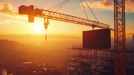 Poster - A crane lowering materials at sunset, casting long shadows over the construction site as the glowing horizon creates a dramatic backdrop.