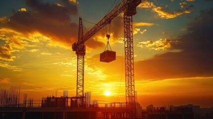 Aufkleber - A crane silhouetted against the sunset as it lowers materials, casting long shadows and creating a beautiful industrial scene at twilight.
