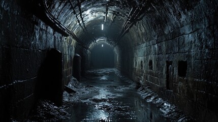 Poster - A creepy underground tunnel with damp walls and low lighting, evoking a haunting, industrial dungeon atmosphere in a forgotten place.