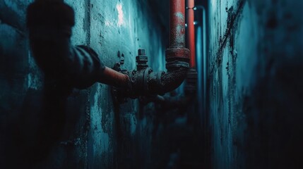 Poster - A dark, abandoned tunnel featuring rusted pipes and low, ominous lighting, creating a chilling industrial atmosphere.
