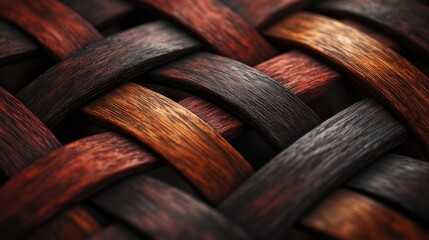 Poster - A detailed close-up of an interwoven wooden texture, with dark and reddish-brown hues creating a beautiful, intricate pattern.