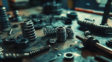 Poster - A detailed close-up of metal springs and tools scattered across an industrial workshop workbench, highlighting the precision and craftsmanship of mechanical work.