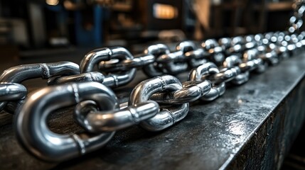 Poster - A detailed close-up view of heavy metallic chains resting on a workbench, reflecting light and showcasing the intricacy and craftsmanship of the metal.