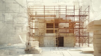 Poster - A detailed house construction site with scaffolding, bricks, and blueprints, illustrating the construction process and careful planning of a new home