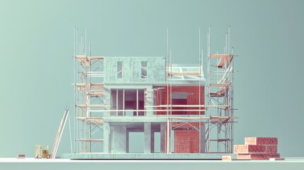 Poster - A detailed house construction site with scaffolding, bricks, and blueprints, illustrating the construction process and careful planning of a new home