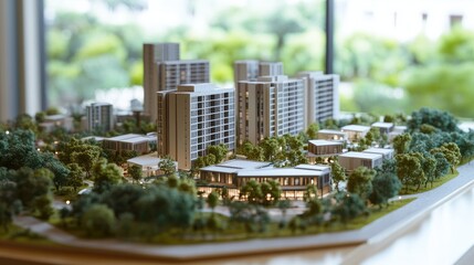 Poster - A detailed maquette of a modern residential complex, showing buildings, gardens, and streets, presented on a table with clear, high-resolution lighting for professional project presentation.