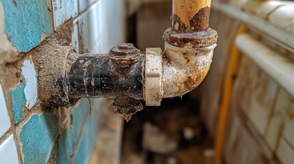 Aufkleber - A detailed shot of a pipe joint with water leaking at the connection, highlighting the urgency of repair in a home bathroom setting.