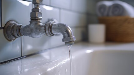 Aufkleber - A detailed shot of a pipe joint with water leaking at the connection, highlighting the urgency of repair in a home bathroom setting.