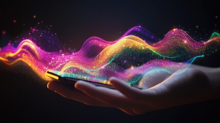 Poster - The future of business powered by G, smartphone in hand with neon digital transformation waves.