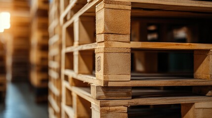 Poster - A detailed shot of stacked wooden shipping pallets in a large warehouse, emphasizing the logistical organization and storage space.