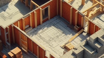 Poster - A detailed view of a construction site with blueprints, bricks, and a house frame, illustrating the planning and progression of building a home.