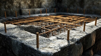 Poster - A detailed view of a foundation pit, showing set rebar and formwork, symbolizing the preparation needed before concrete can be poured.
