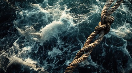 Aufkleber - A detailed view of a rope on a boat at sea, with the water stretching into the distance, capturing the intricacies of the rope and the natural environment.
