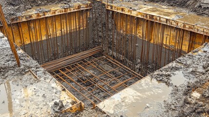 Poster - A detailed view of rebar and formwork in a foundation pit, carefully prepared for an upcoming concrete pour, highlighting construction precision.