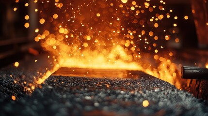 Poster - A dramatic close-up of a hot metal billet being forged on the production line, with fiery sparks and glowing heat creating an intense atmosphere.
