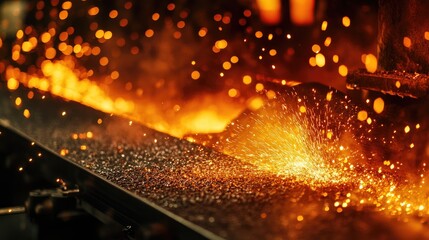 Poster - A dramatic close-up of a hot metal billet being forged on the production line, with fiery sparks and glowing heat creating an intense atmosphere.