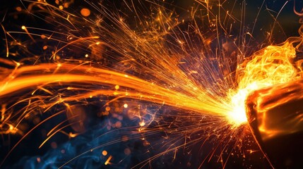Poster - A dynamic close-up of a welder at work, creating vibrant sparks as they expertly manipulate metal, wearing protective gear in an industrial setting.