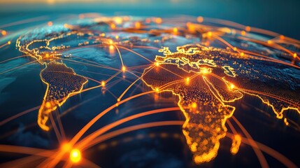 Poster - Worldwide trade connections, glowing cargo shipping network linking continents, high-tech economy and global commerce concept