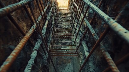 Poster - A focused shot of rebar and formwork in a foundation pit, demonstrating the intricate preparation work for the upcoming concrete phase.
