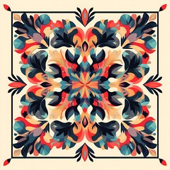 Sticker - Colorful floral mandala design, textile art, cream background, decorative pattern