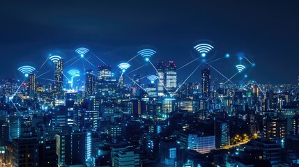 Aufkleber - A futuristic city skyline illuminated at night, with WiFi signals represented by circles linking to one another, highlighting the connectivity of the modern world.