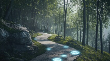 Poster - a futuristic hiking trail featuring digital holographic markers, with a minimalist natural environme