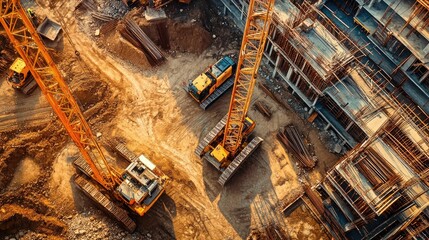 Poster - A high-angle view of cranes, bulldozers, and loaders at work on a busy construction site, showcasing earth-moving activity and project scale.