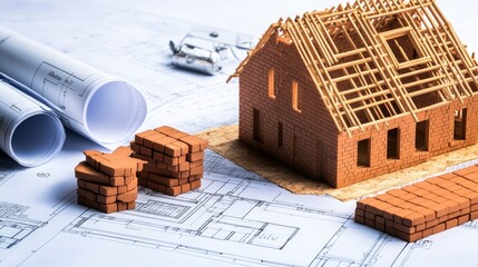 Poster - A house construction site with laid bricks, detailed blueprints, and an incomplete house frame, symbolizing the structured process of construction.