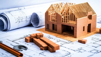 Poster - A house construction site with laid bricks, detailed blueprints, and an incomplete house frame, symbolizing the structured process of construction.