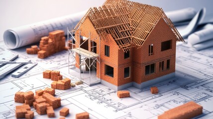 Poster - A house under construction with scattered bricks, blueprints, and scaffolding in place, showing the detailed process of home building.