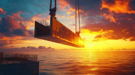 Poster - A large construction beam hanging over the ocean at sunset, with dramatic lighting emphasizing the scale and power of the construction project.