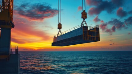Poster - A large construction beam hanging over the ocean at sunset, with dramatic lighting emphasizing the scale and power of the construction project.