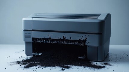 Poster - A laser printer with a leaking toner cartridge spilling black powder, visually illustrating the consequences of improper maintenance.