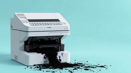 Poster - A laser printer with a leaking toner cartridge spilling black powder, visually illustrating the consequences of improper maintenance.