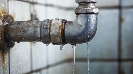 Poster - A leaking pipe joint with water dripping in an apartment bathroom, emphasizing the importance of timely plumbing services to fix household issues.