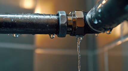 Poster - A leaking pipe joint with water dripping in an apartment bathroom, emphasizing the importance of timely plumbing services to fix household issues.