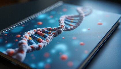 Close-up of a spiral notepad with 3D DNA structure illustration on cover for biotechnology and research themes
