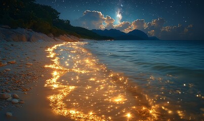 Wall Mural - Glowing beach stones and swirling golden sand sparkle under moonlit green sea