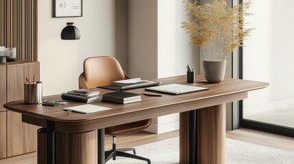Poster - A modern office desk setup with a small potted plant, a notebook, and clean lines, conveying an efficient and aesthetically pleasing workspace.