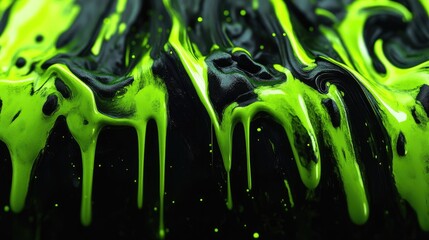 Poster - A neon green and black goo texture with dripping forms, creating an eerie and toxic appearance, evoking monster slime or poisonous fluids.