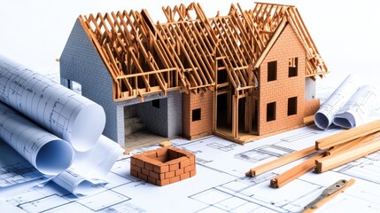 Poster - A partially constructed house with bricks, blueprints, and scaffolding, symbolizing the detailed and careful process of home building.