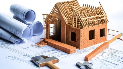 Poster - A partially constructed house with bricks, blueprints, and scaffolding, symbolizing the detailed and careful process of home building.