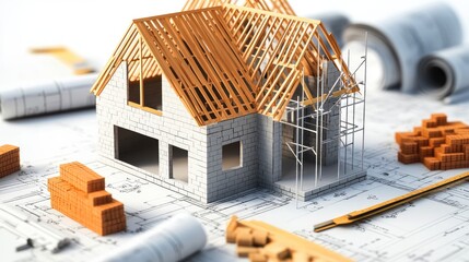Poster - A partially constructed house with bricks, blueprints, and scaffolding, symbolizing the detailed and careful process of home building.