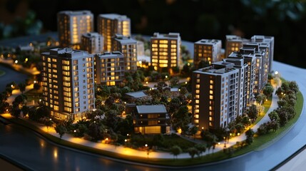 Poster - A professional presentation of a residential complex maquette, with high-quality lighting highlighting the architectural details of the buildings and surrounding landscaping.