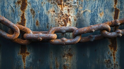 Poster - A rusty, aged chain hanging from an industrial metal surface, with corrosion marks and worn textures highlighting decay and disuse.
