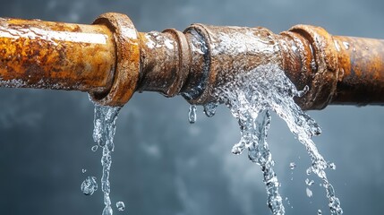 Aufkleber - A rusty water pipe leaking water, creating a burst effect, symbolizing the necessity of professional plumber services to stop the leak.