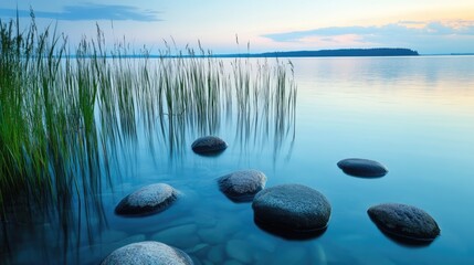 Aufkleber - A serene lakeshore with smooth stones and tall reeds, the water perfectly reflecting the soft hues of the evening sky.